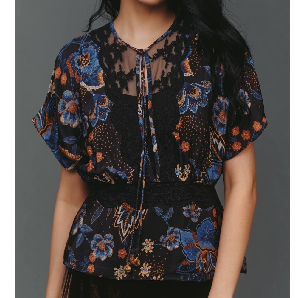 Farm Rio Anthropologie Sheer Lace Blouse Blue Floral Navy Blue Boho Top XS NWT